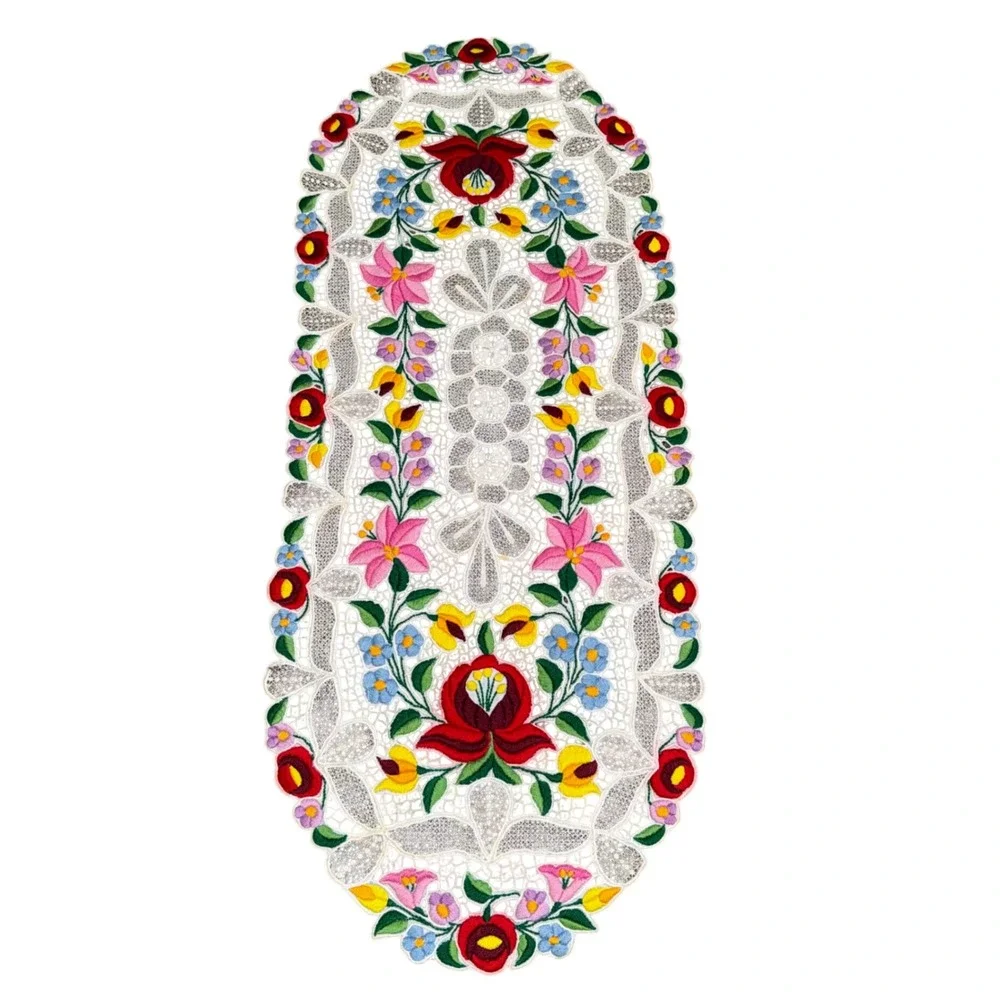 Vintage Kalocsa Floral Table Runner Hand Embroidered Hungarian Folk Art Lace